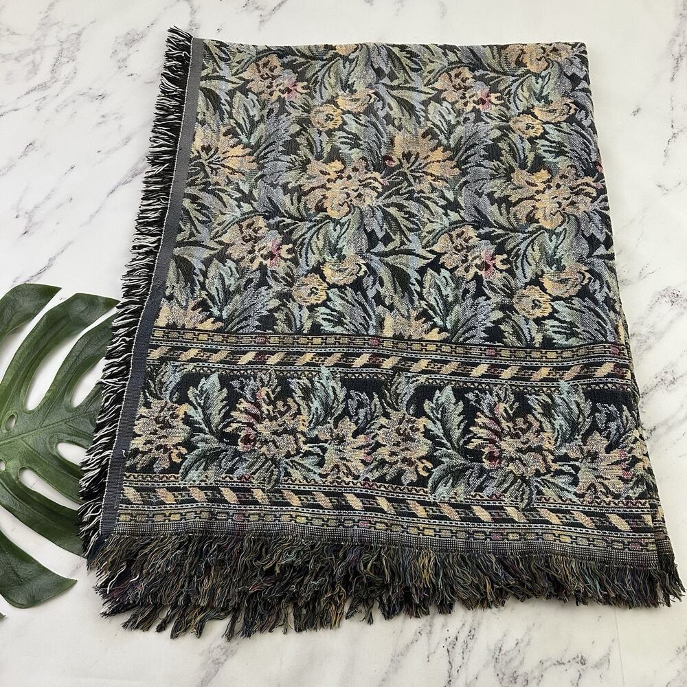 Goodwin Weavers Vintage 90s Tapestry Woven Throw Blanket Blue Green Floral